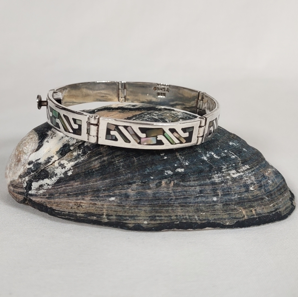 Vintage Taxco Sterling Silver Abalone Inlayed 5 Panel 7" Bracelet